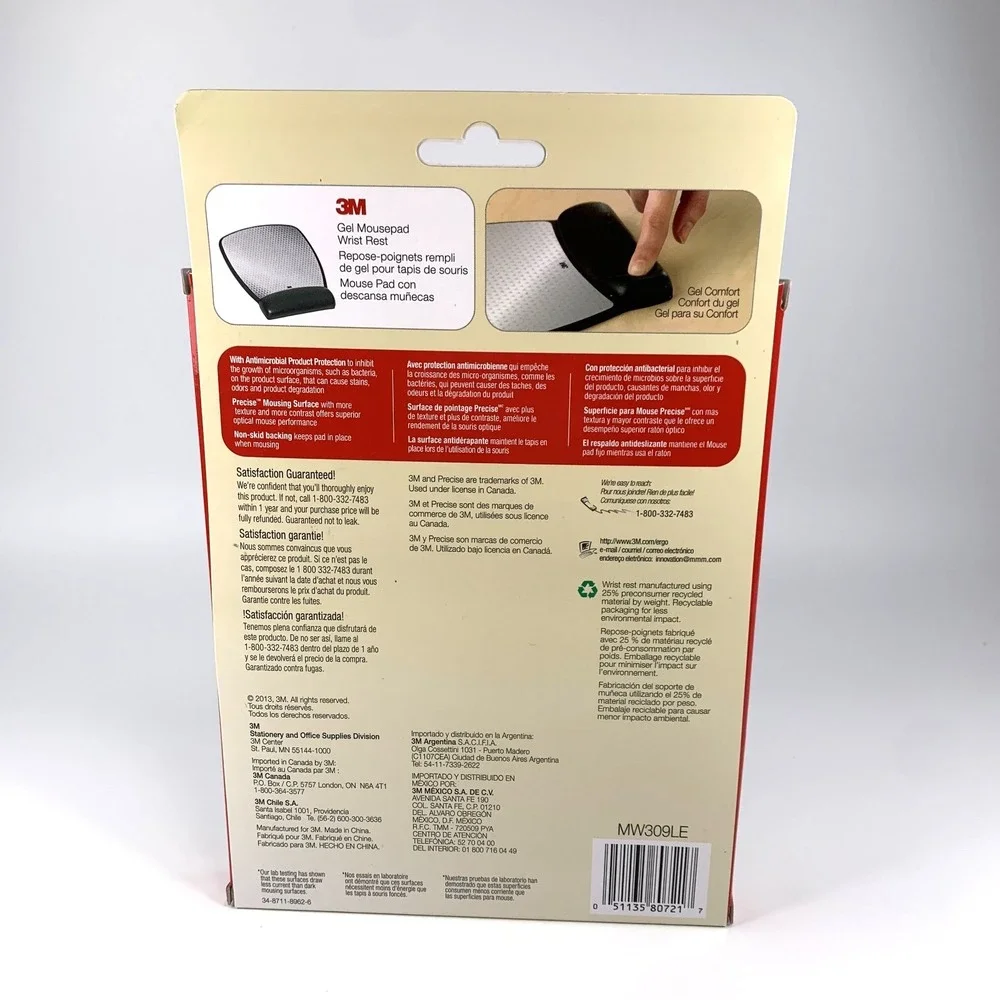 3M MW310LE Precise Mouse Pad Gel Wrist Rest Black NEW NOS Office Comfort Pad